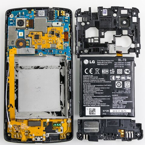 An opened Nexus 5, showing the components beneath its screen